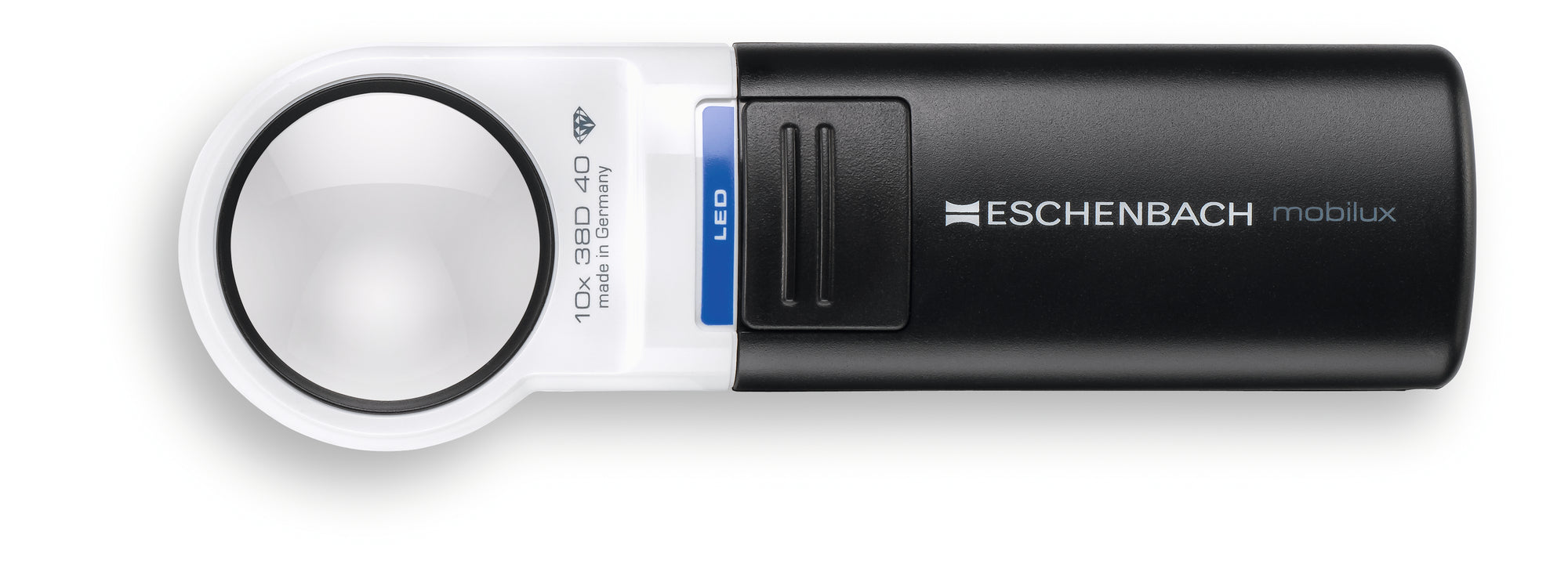 Mobilux LED, circular magnifier surrounded by white casing with a black handle and LED light switch