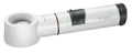 White, circular magnifier attached to battery handle