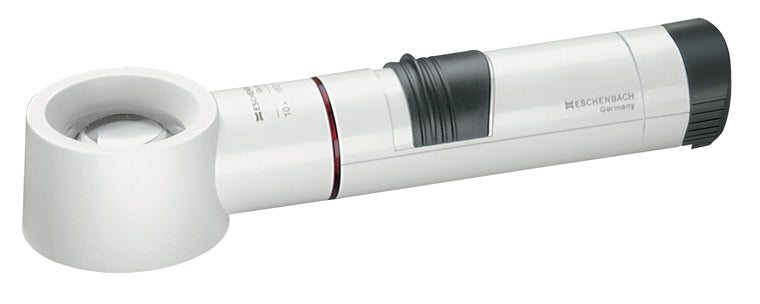 White, circular magnifier attached to battery handle