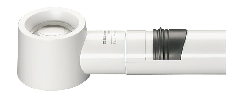 White, circular magnifier attached to battery handle