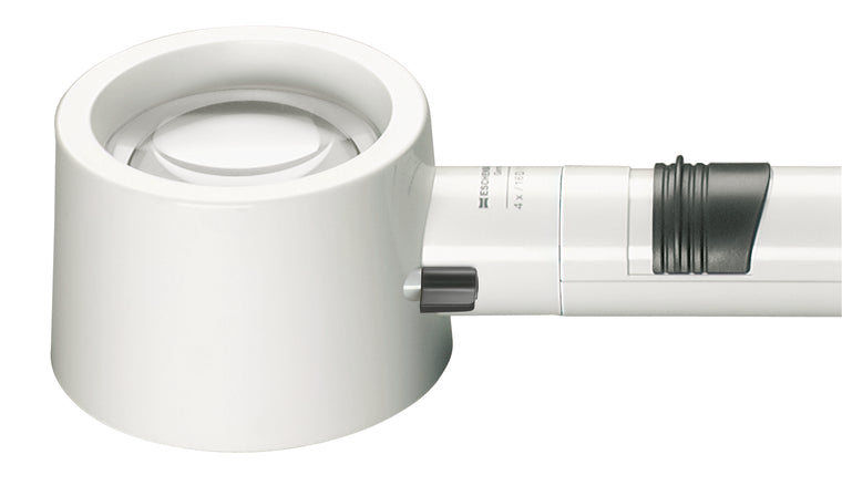 White, circular magnifier attached to battery handle