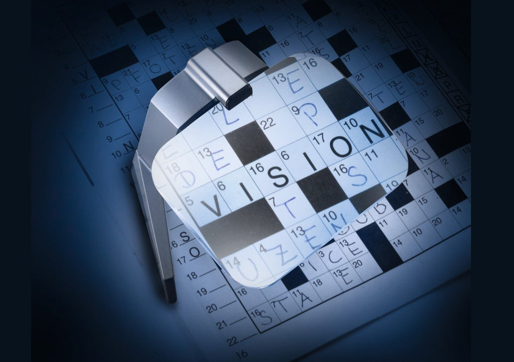 Scribolux, large rectangular lens suspended off of support base with LED light, displayed over crossword