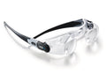 Heavy duty plastic frame with double lens magnifying system. Black frame with black adjusting cogs on temples, and clear lens casing.