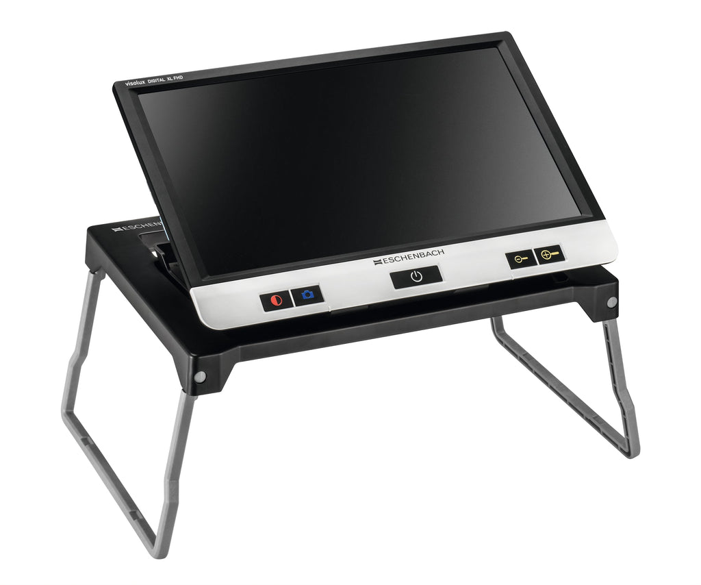 Black fold-out stand for Visolux Digital XL FHD, with Visolux Digital XL FHD in place.