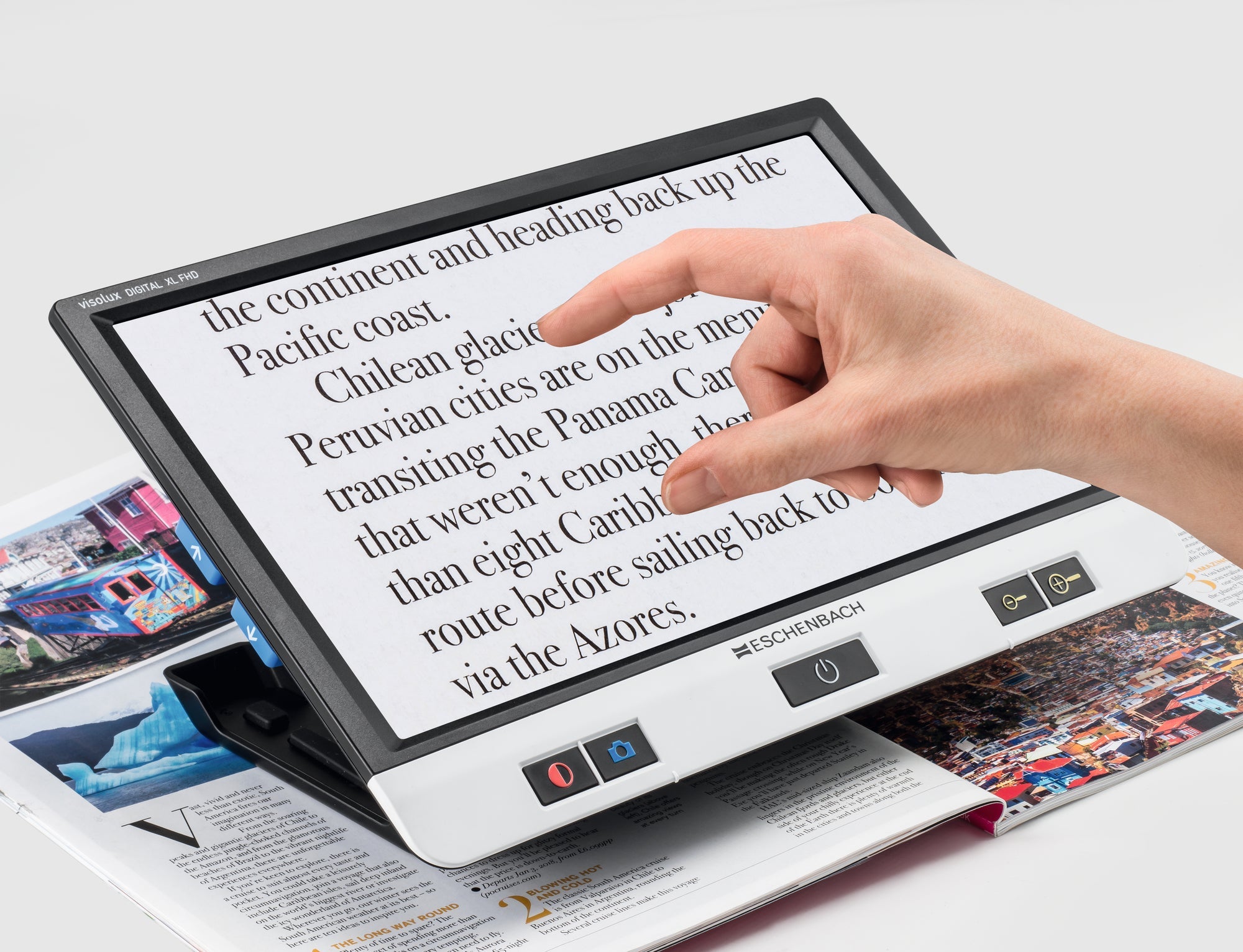 Visolux Digital XL FHD, digital magnifier with large screen, black outer casing and black selection buttons along the bottom of screen
