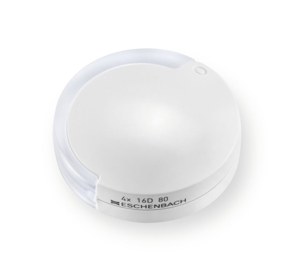 Circular magnifier with white fold-out case.
