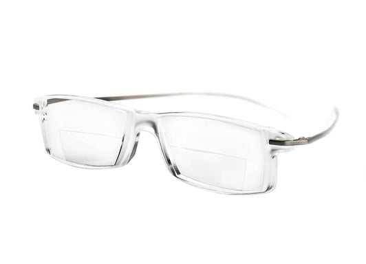 Bifocal frame with clear front and gun-metal temples